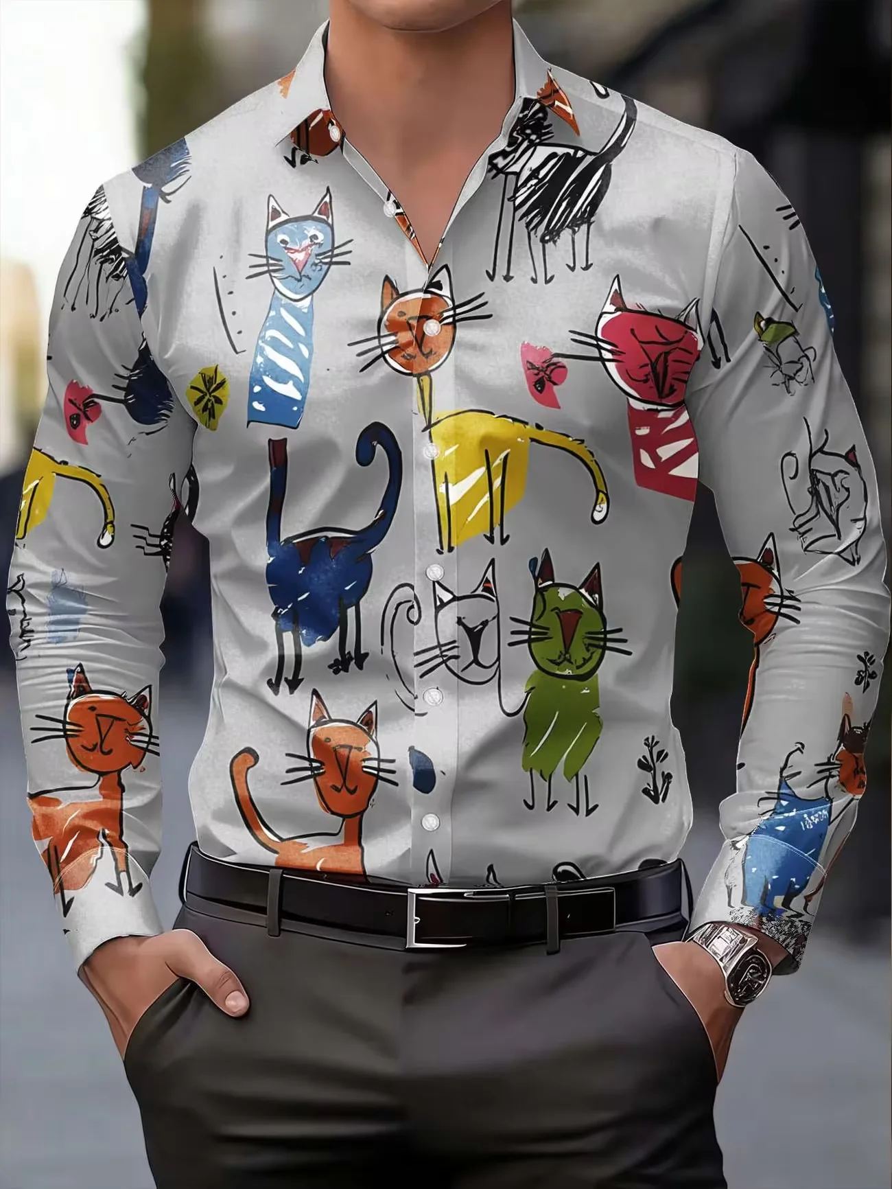 

Yellow white orange contrasting color block printed men's long sleeved shirt, artistic trendy brand style casual shirt