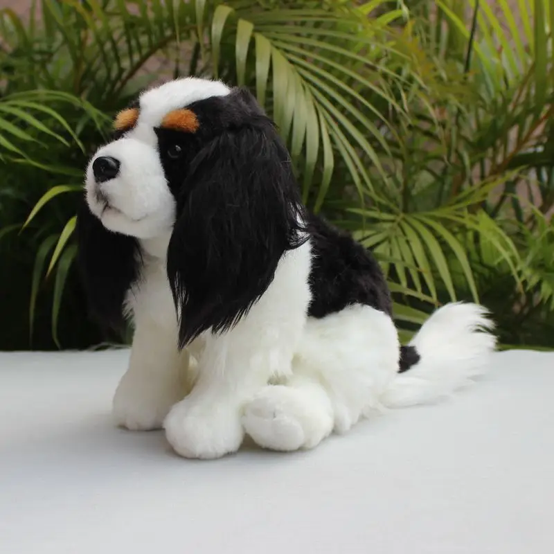 Lifelike King Charles Spaniel Dog Black White Puppy Emulational Pet Animal Soft Stuffed Doll Plush Toy Girl Boy Birthday Gift