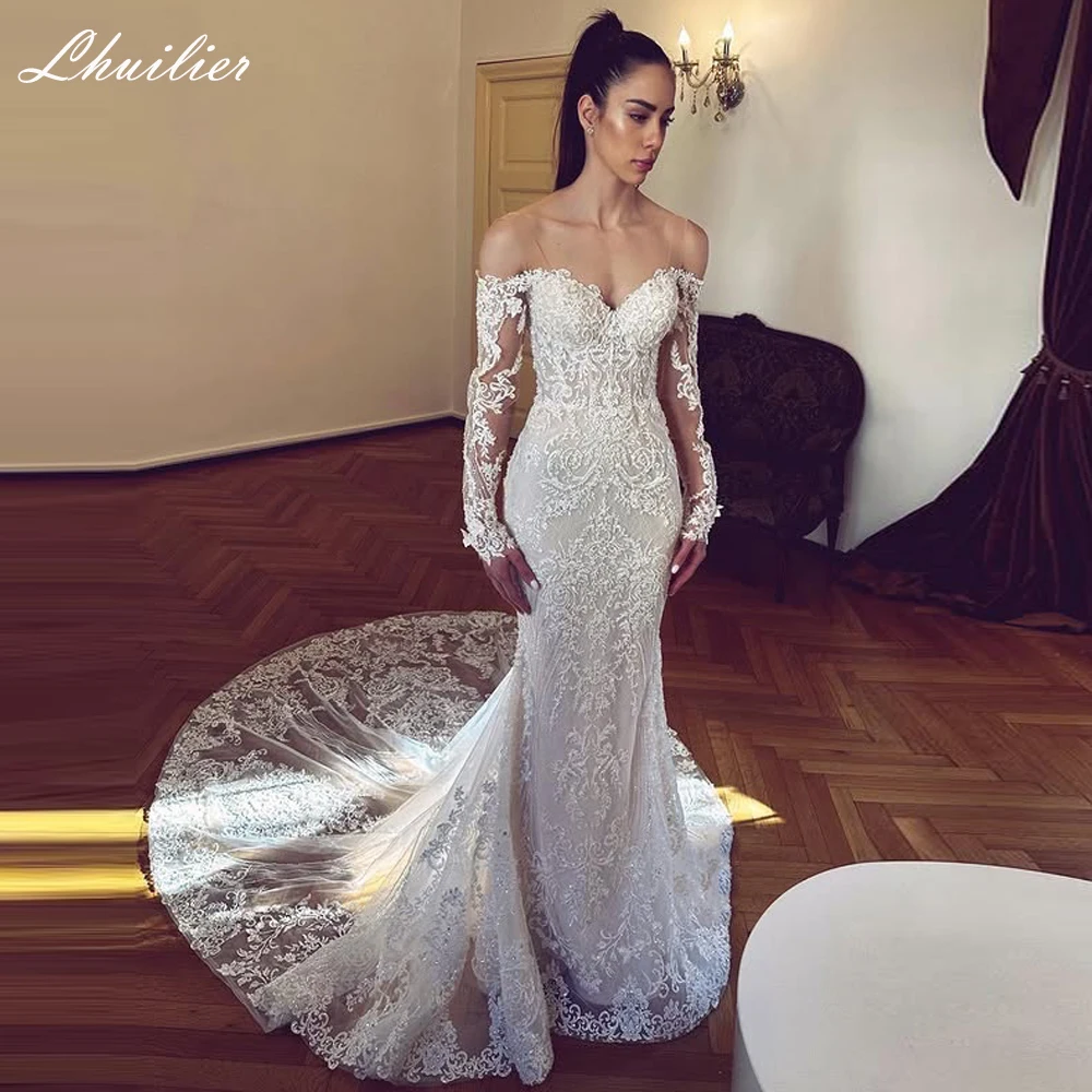 

Lhuilier Customized Mermaid Lace Wedding Dresses Boat Neck Full Sleeves Bridal Gowns with Chapel Train