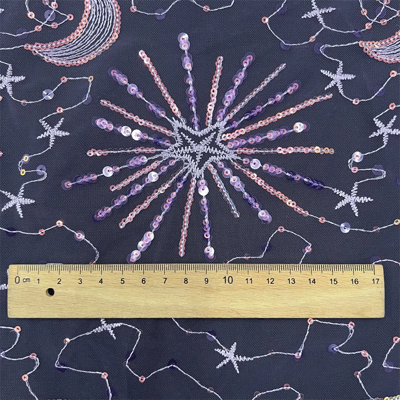 2 Yds/lot 130cm Wide Blue Star & Moon Gold Sequin Embroidered Fabric for Wedding Dresses, Evening Gowns & DIY Costumes F001 view 2