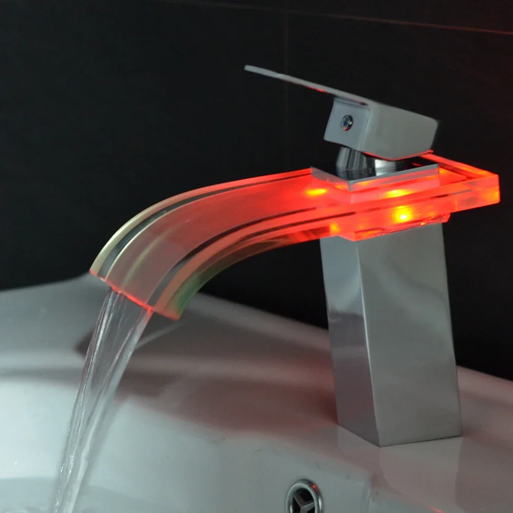 LED Glass Taps Basin Faucet Brass Waterfall Temperature Colors Change Bathroom Mixer Tap Deck Mounted Wash Sink