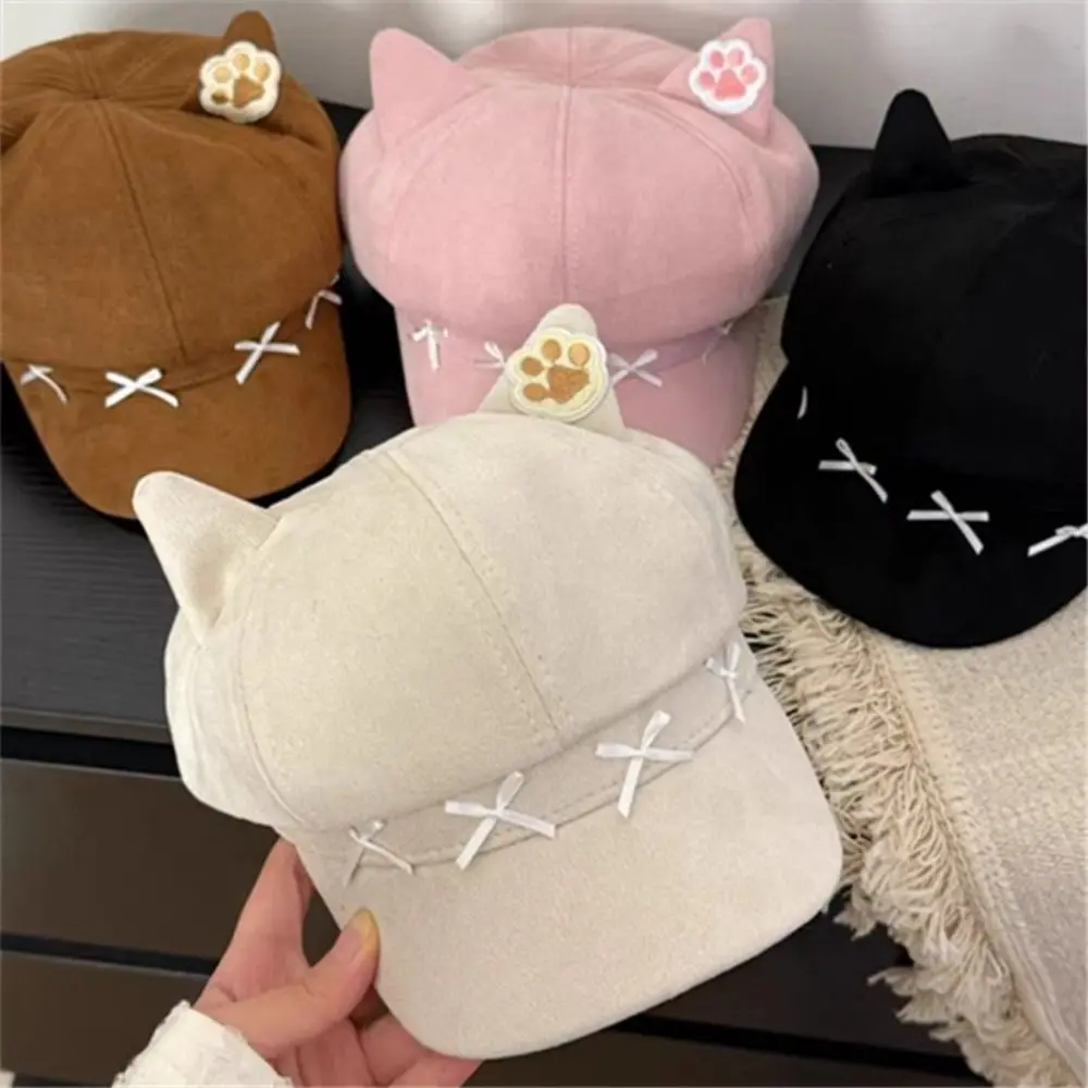 Fashion Embroidery Cat Ears Beret Y2K Claw Pattern Painter Artist Cap Spice Girl Bow Suede Octagonal Hat Travel