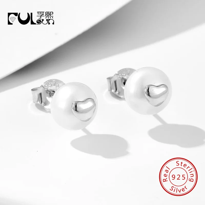 925 Sterling Silver 14K Gold & Rhodium Plated Mini Heart Inlay Freshwater Pearl Stud Earrings Dainty Love Daily Jewelry Gift