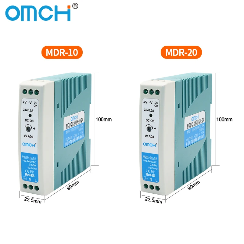 OMCH MDR-10 20/40/60/100W Din rail Switching power supply 100-240VAC 5V/12V/24V/48V output SMPS