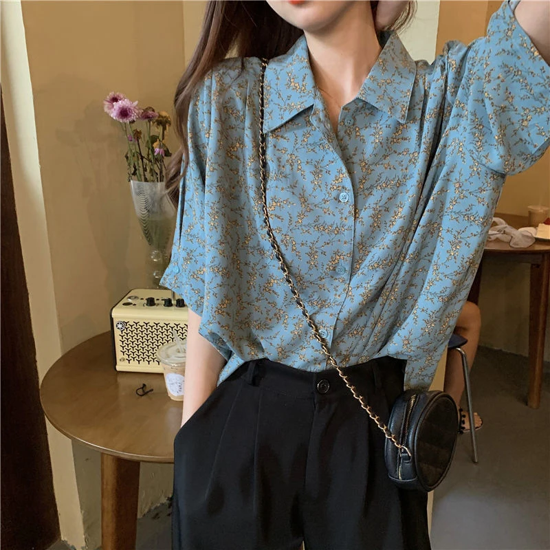 

MEXZT Chiffon Shirts Women Vintage Turn Down Collar Print Short Sleeve Blouse Summer Korean Streetwear Casual Loose Floral Top