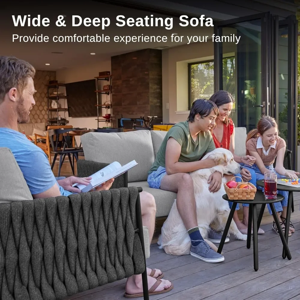 Patio Furniture Set 5Pc,Outdoor Furniture Seat Sofa with Two Round Coffee Table,Waterproof Thick Cushion Deep Seating for Porch