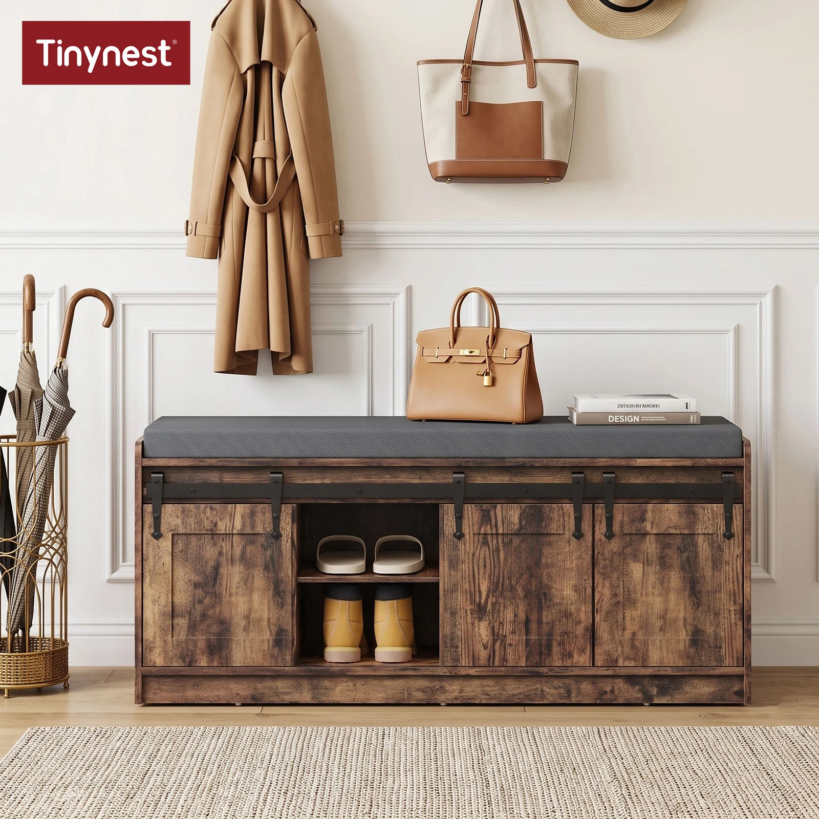 TinyNest Shoe Storage Benches With Linen Seat Cushion, 41.7 inch Farmhouse Entryway Bench, Shoe Rack Cabinet Bench Organizer With Adjustable Shelf & Sliding Door for Entryway, Hallway, Living Room, Bedroom End of Bed, Rustic Brown & White