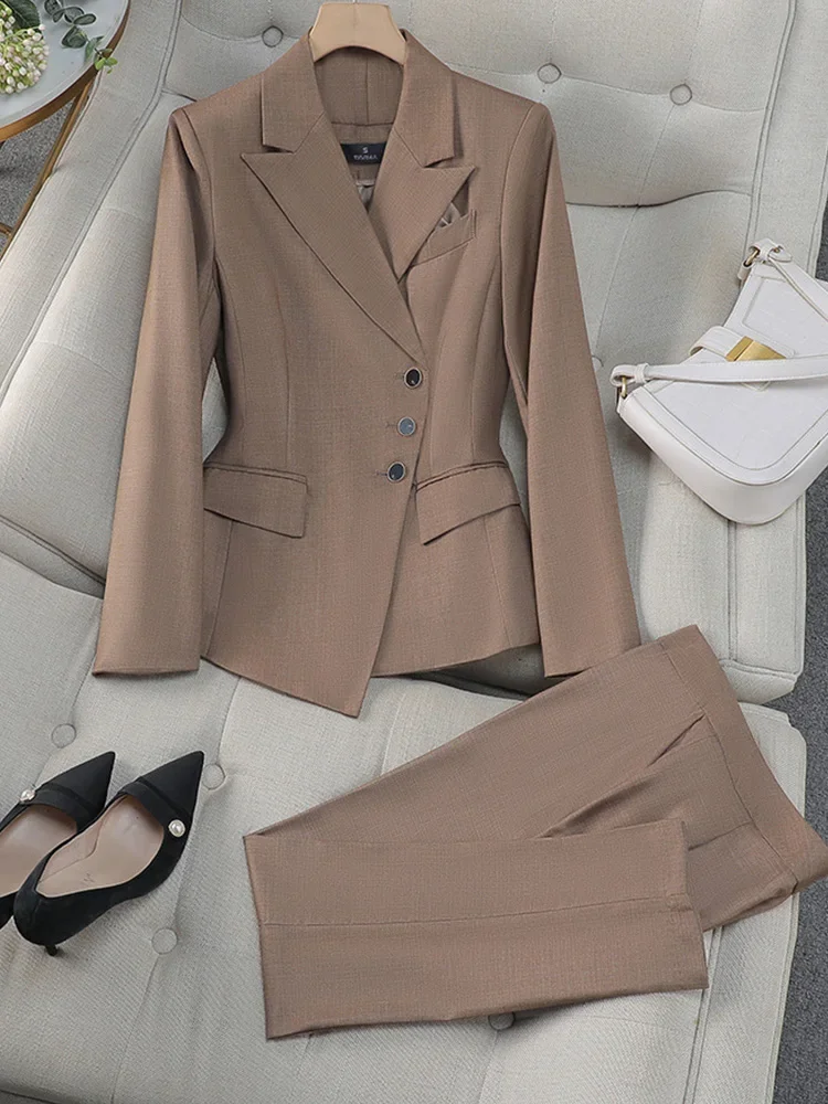 2025 Nowy, całoroczny, elegancki 2-częściowy zestaw dla kobiet Spodnie z zamkiem błyskawicznym na jedno ramię Casualowy rękaw koszuli Biuro Biznes Praca