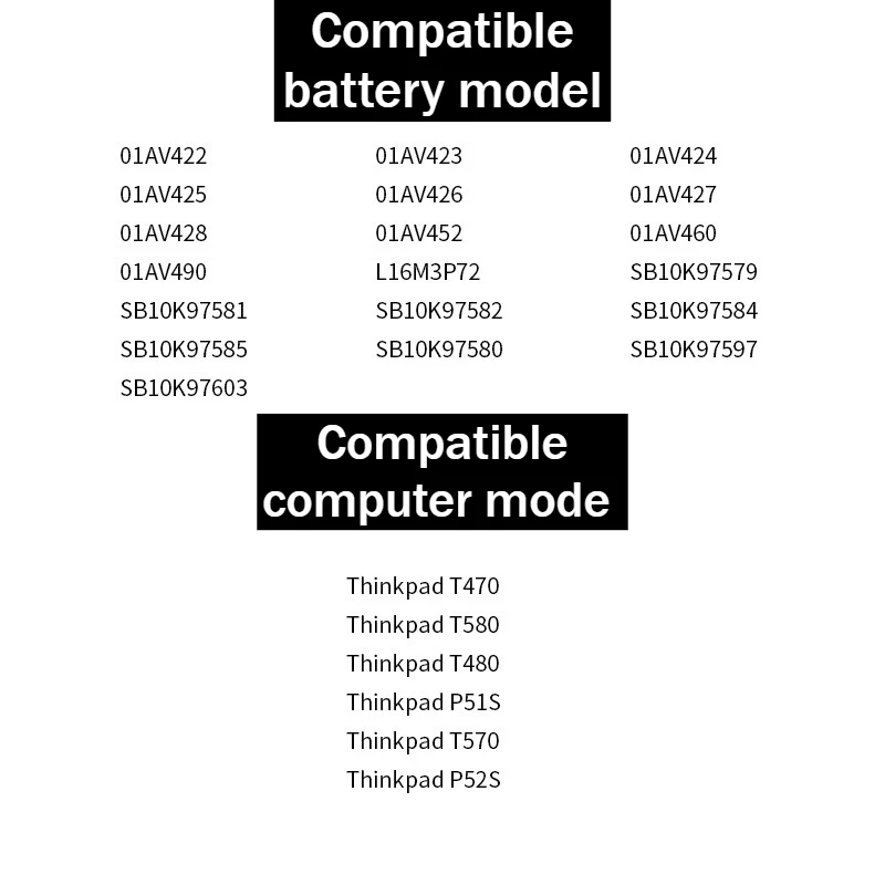 T470 61 61+ 11.4V/2110mAh 10.8V/4400mAh Lithium Polymer Laptop Battery for Lenovo ThinkPad T470 T580 T480 P51S T570 P52S