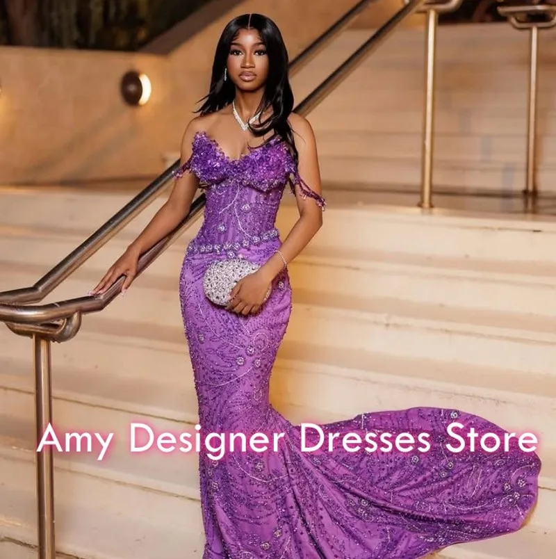 Purple Prom Dresses For Girls 2026 Charming Mermaid Off Shoulder Sequins Beads Party Dress Vestidos De Festa Customized