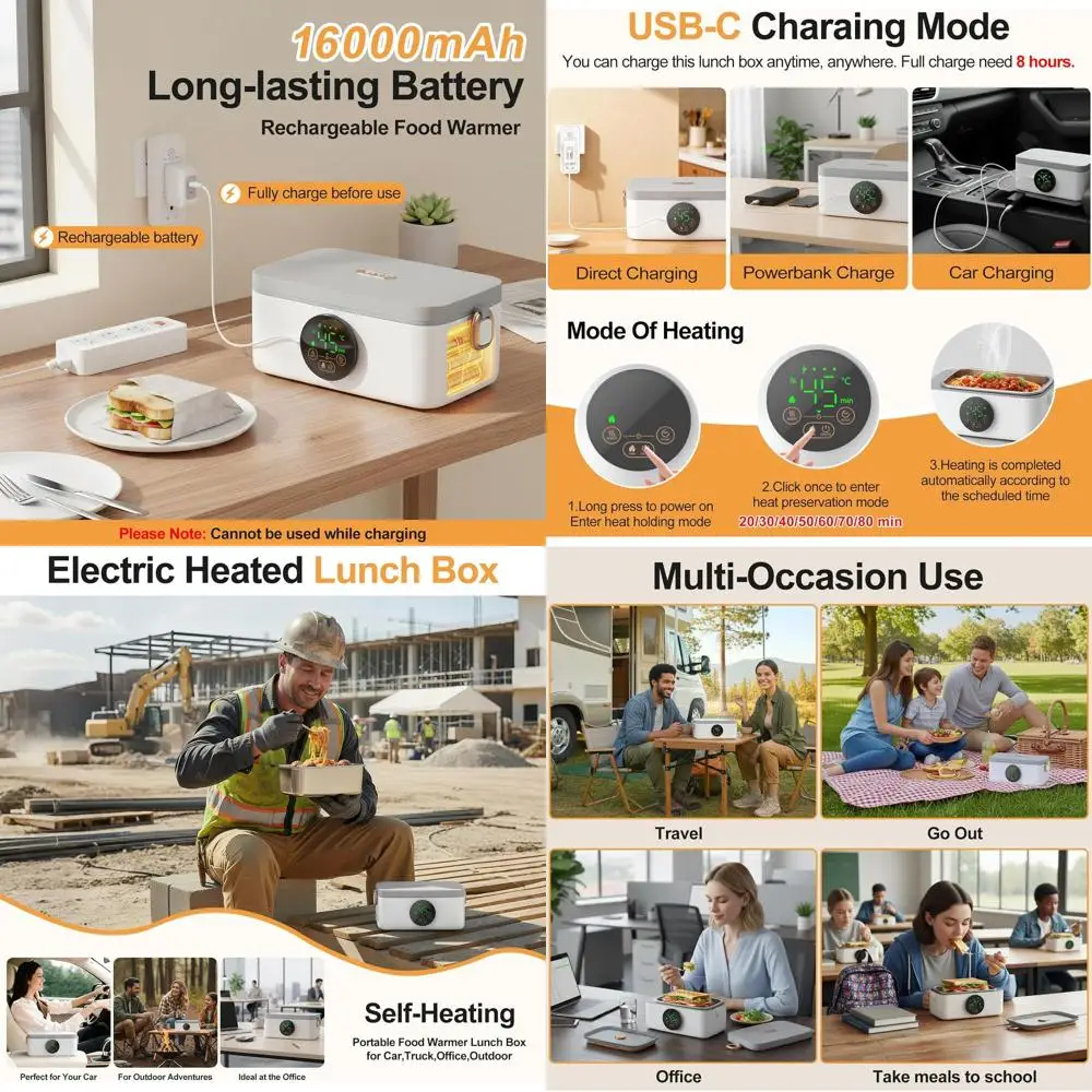 

Портативный электрический подогреватель еды на 1000 мл, перезаряжаемый ланч-бокс на 16000 мАч для офиса, автомобиля, путешествий и активного отдыха