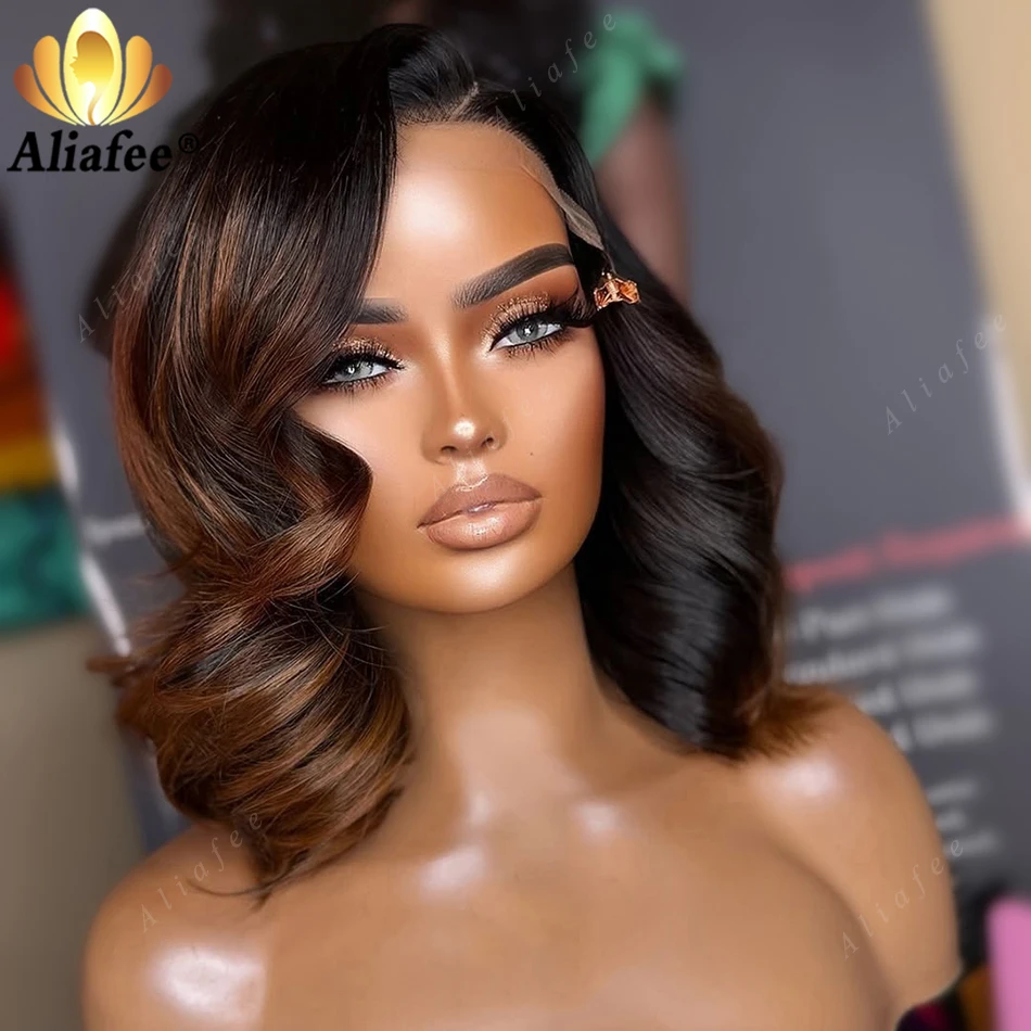 Side Part Ombre Highlight Chestnut Brown Body Wave 13x4 Transparent Full Lace Frontal Human Hair High Density BoB Curly Wig