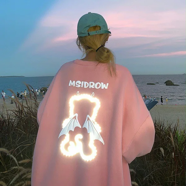 Women\'s Sweatshirt Reflective Bear Couple Clothes Korean Fashion Autumn Casual Pullovers O-Neck Loose Harajuku Oversized Hoodie