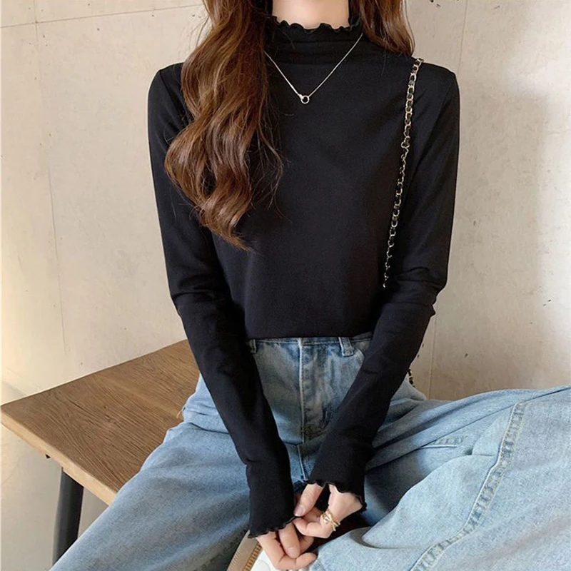 Women Fall Ruffles Turtleneck Sweater Tops Casual Long Sleeved Slim Basic Pullover Office Solid Bottom Shirt Winter Warm Jumper