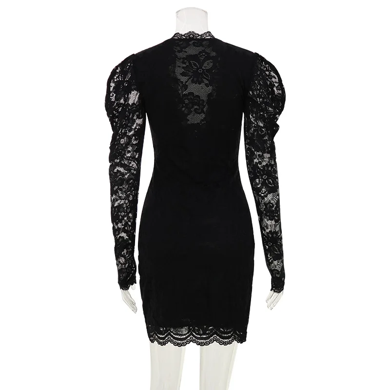 CNYISHE Long Sleeve Deep V Neck Autum Women Dresses Sheath Bodycon Sexy Club Lace Sheer Female Outfits Party Vestidos Hip Wrap