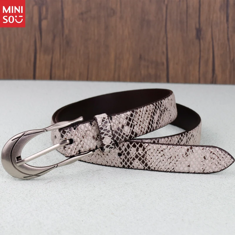 حزام Miniso Buckle Snake Print، حزام خصر من الجلد الطبيعي للنساء والرجال، أنيق وبسيط