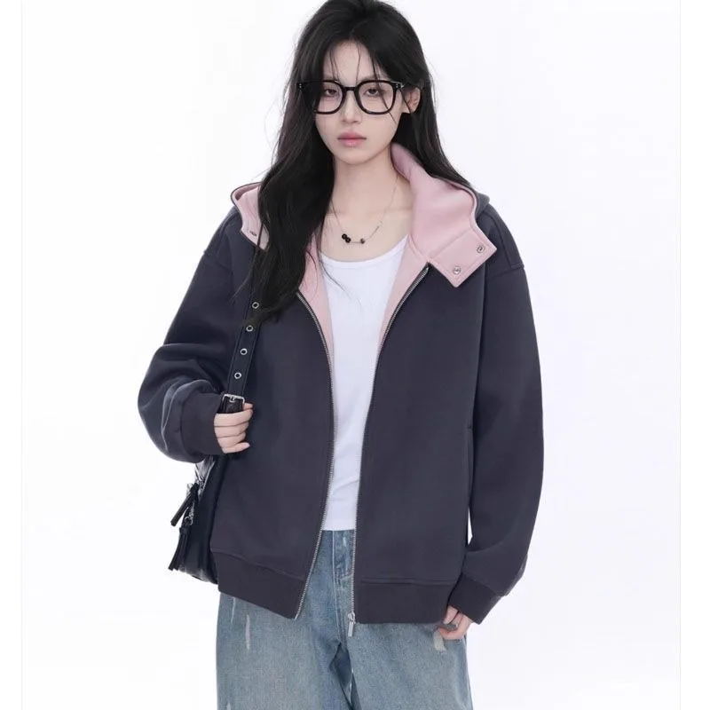 

Кардиган с капюшоном контрастного цвета в американском стиле ретро для женщин, осенний новый стиль, свободная ленивая куртка в студенческом стиле для женщин