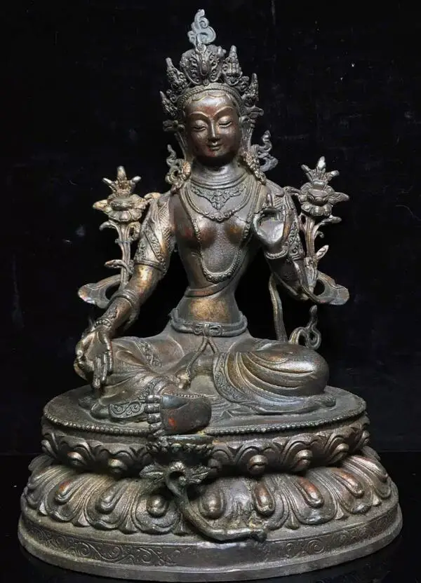 Collect China Tibet Buddhism Bronze Green Tara Kwan-Yin Guanyin Buddha Statue