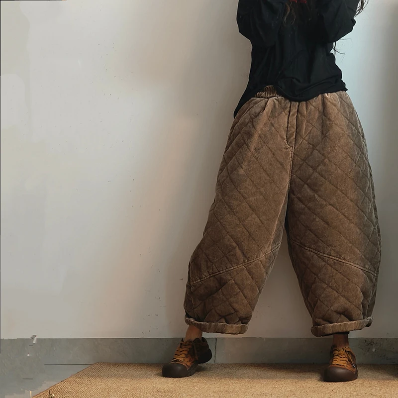 Estilo de artes 2025 nova chegada inverno feminino quente engrossado tornozelo-comprimento calças casuais solto cintura elástica vintage harem calças y104