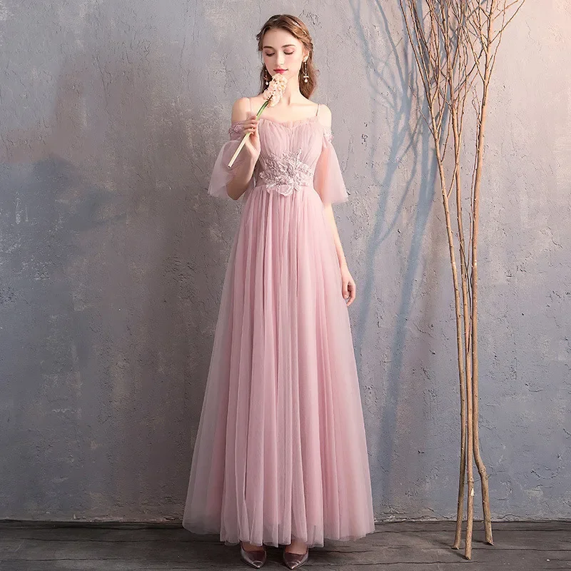 Evening Dress Pink Tulle Appliques O-neck Short Sleeves A Line Floor Length Plus size Lady Party Formal Gown Robe De Soiree R001