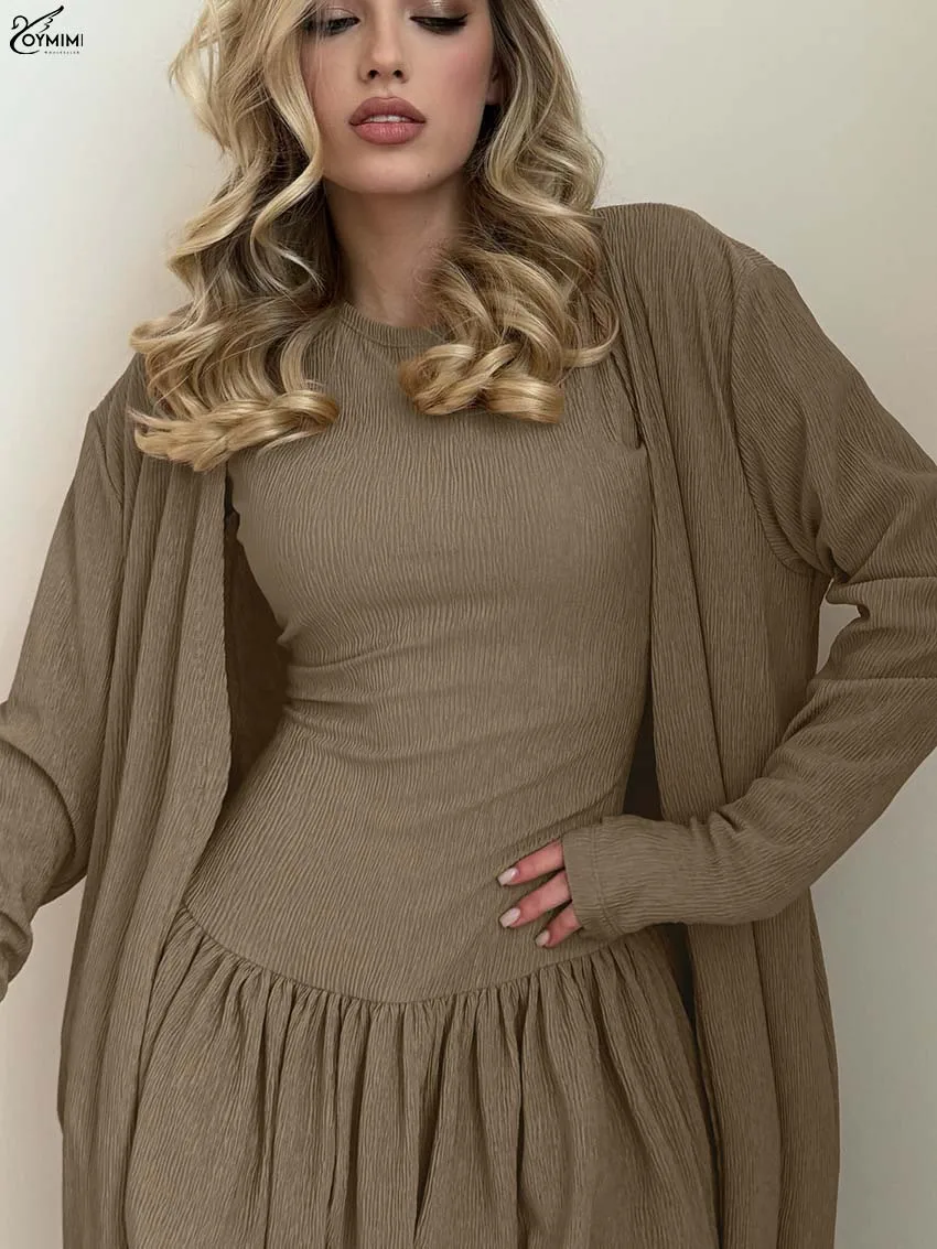 Oymimi Elegant Brown Slim 2 Pieces Set For Woman Fashion Long Sleeve Simple Mid-Calf Dresses And O-Neck Pleated Mini Dress Sets