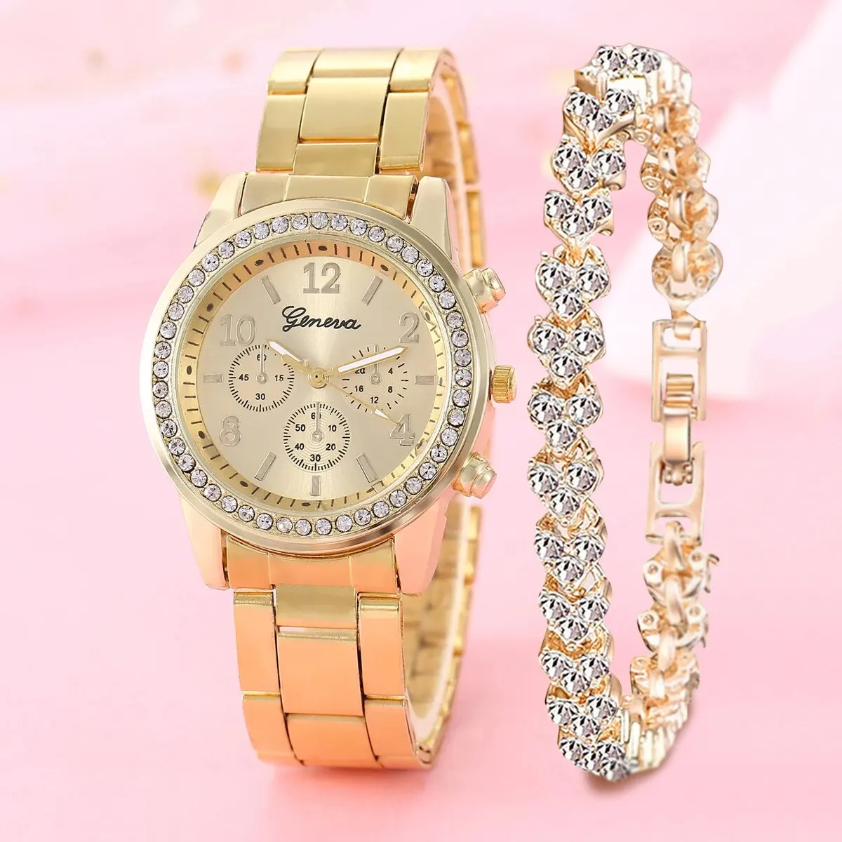 Alloy Girls Digital Analog Watch And Luxury Rhinestone Bracelet Set