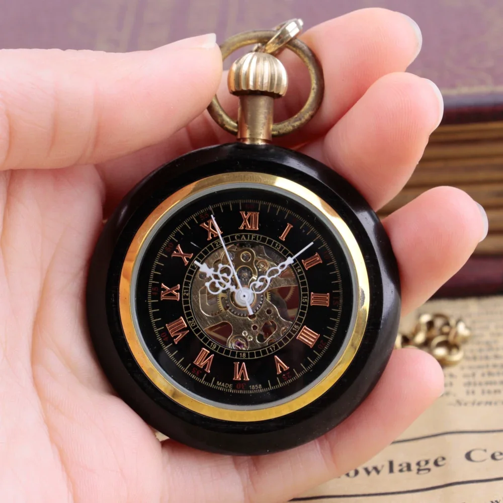 Black Charm Wood Mechanical Pocket Watch Women Men Antique Simple Design Hand Wind Casual Mens Pocket Watches Male Best Gift