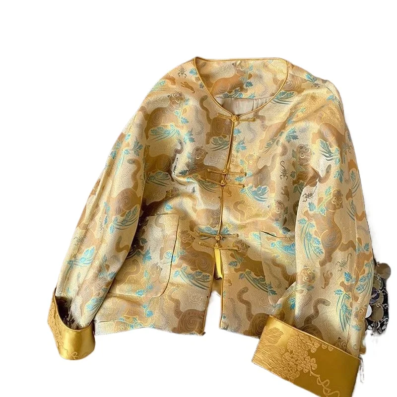 New Chinese-style Jacquard Round-neck Button-up Jacket for Women in Early Spring Retro High-end and Unique Tang Suit Top Coat