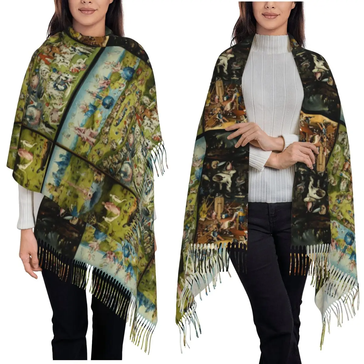 

Шарф «Сад земных наслаждений», шарфы с кисточками, женские мягкие теплые шали и накидки, большая осенне-зимняя шаль