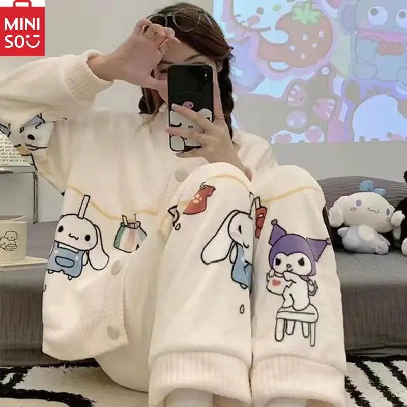 Miniso Kuromi Cartoon Flannel Women\'s Pajamas Winter Thickened Coral Velvet Nightwear Cardigan Home Clothes 2-piece Set