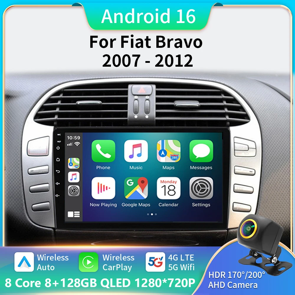 

Android 16 Carplay Auto WIFI+5G Car Radio For Fiat Bravo 2007-2012 Multimedia Video Player GPS Navigation Audio 2 Din Stereo DVD