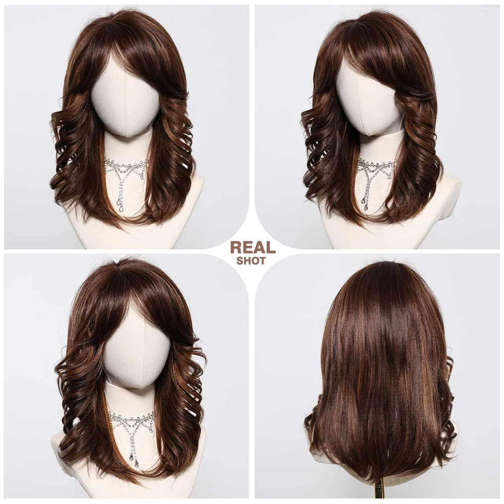 Medium Length Synthetic Wigs Brown Highlight Wavy Wig with Bangs YAKI Soft Hair for Women Daily Cosplay Heat Resistant Fiber