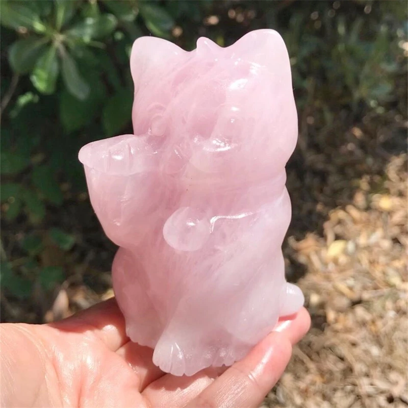 

Natural Rose Quartz Fortune Cat Lovely Animal Sculpture For Home Decoration Accessories Room Decor 1pcs