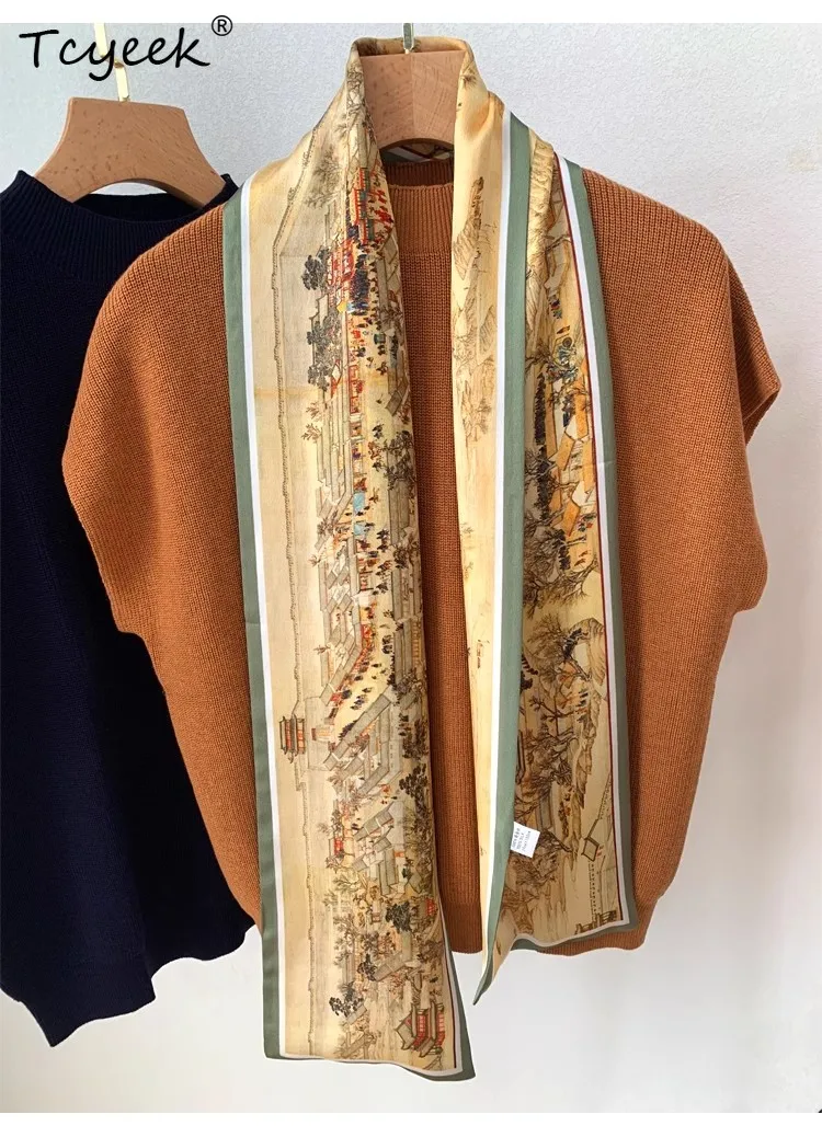 

Tcyeek 100%Mulberry Silk Art Chinese Ink Wash Painting Scarf Spring Autumn Shawl Designed Elegant Wrap Kerchief New A30622QM