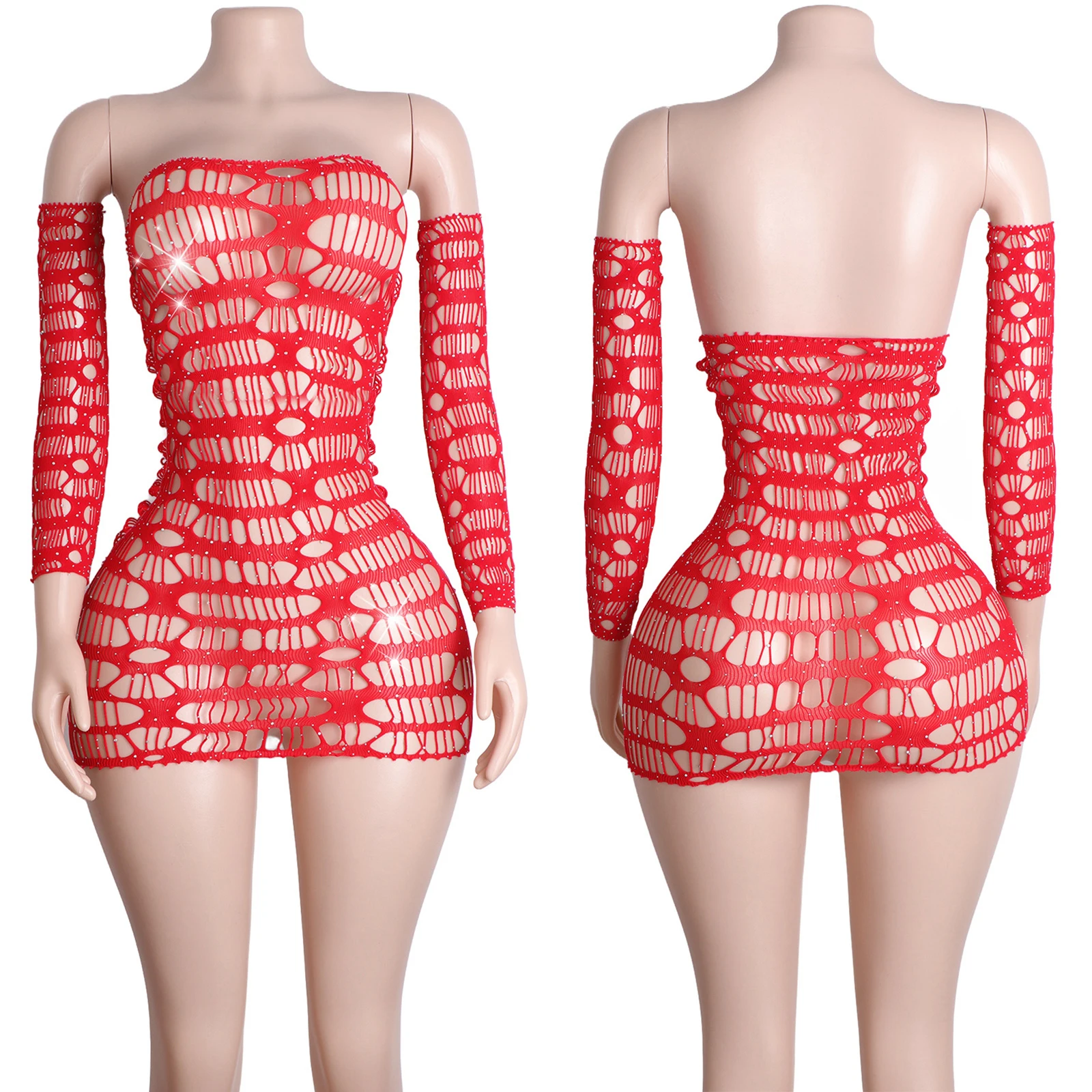 Mesh Fishnet Rock Dessous Strass Ärmeln Elegantes Performance Kleid Clubwear Sexy Party Bühne Outfit Nacht Show