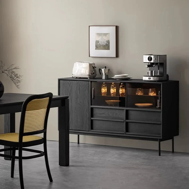 

French retro medieval style dining side cabinet, black solid wood porch cabinet, modern simple storage storage tea cabinet