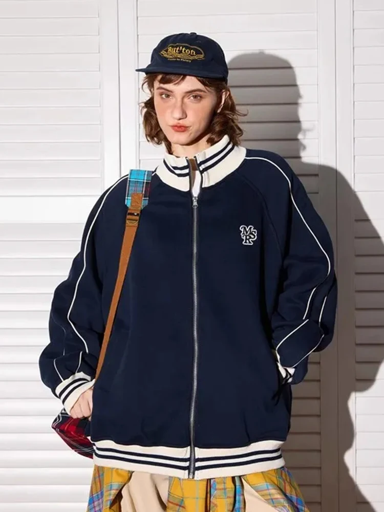 Jmprs American Letter Baseball Jackets Women Vintage Striped Streetwear Y2K Coat Casual Loose Long Sleeve Bf Fall Winter Outwear