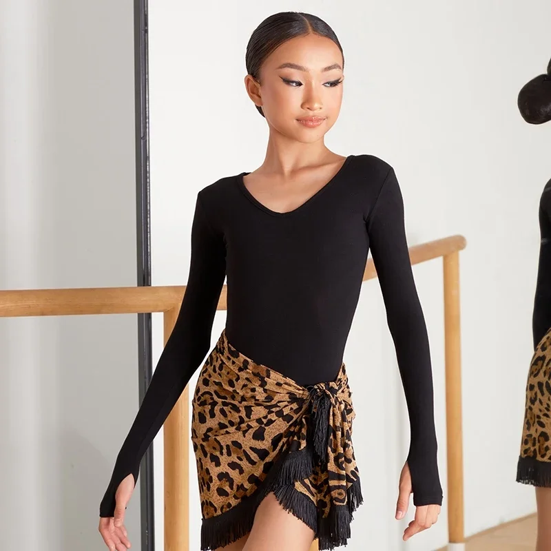 

Latin Dance Clothes Girls Kids Long Sleeves Leotards Tops Leopard Skirt Cha Cha Rumba Dance Wear Competition Dress