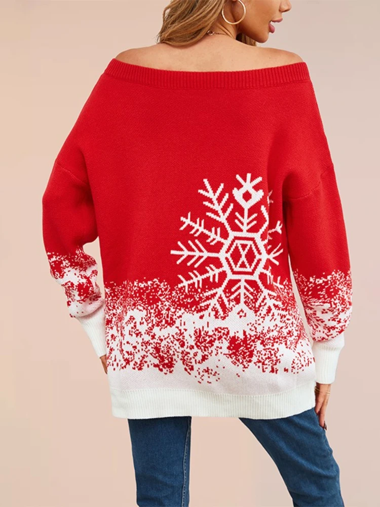 New in Women's Winter Knit Sweater - Off Shoulder Pullover with Snowflake Pattern Christmas Color Block Mid-Length Casual Jumper