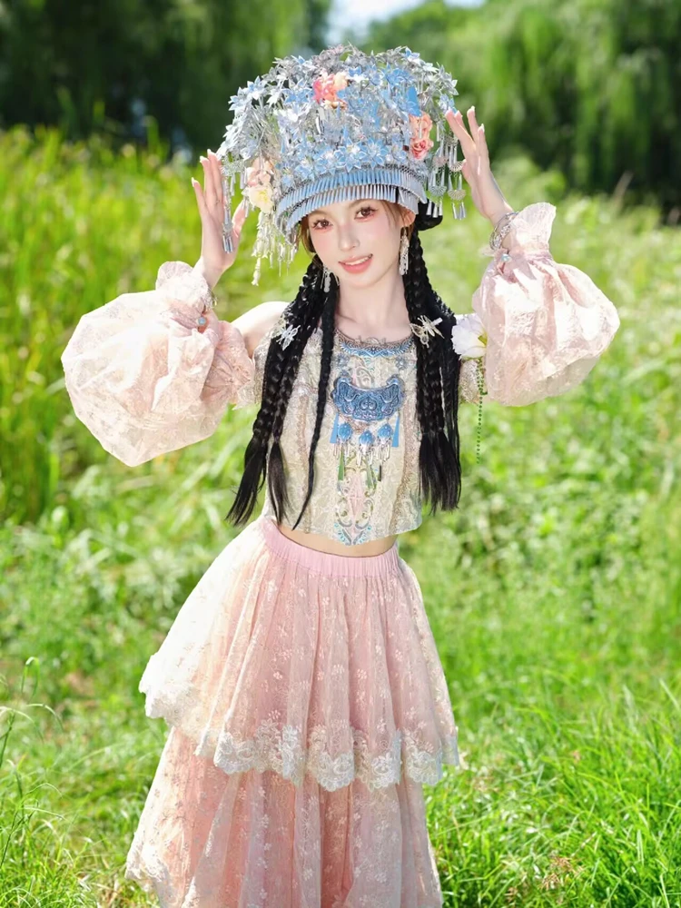 

Новый модный комплект одежды для фотосъемки 2026 года: этнический стиль для путешествий, традиционная одежда для девушек из Дай, Лидзян, Сишуанбаньна, Юньнань