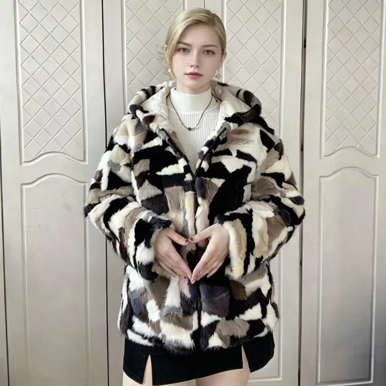 New Natural genuine real Mink Fur coat with hood Women Fashion multi-color colorful jacket out wear custom any size
