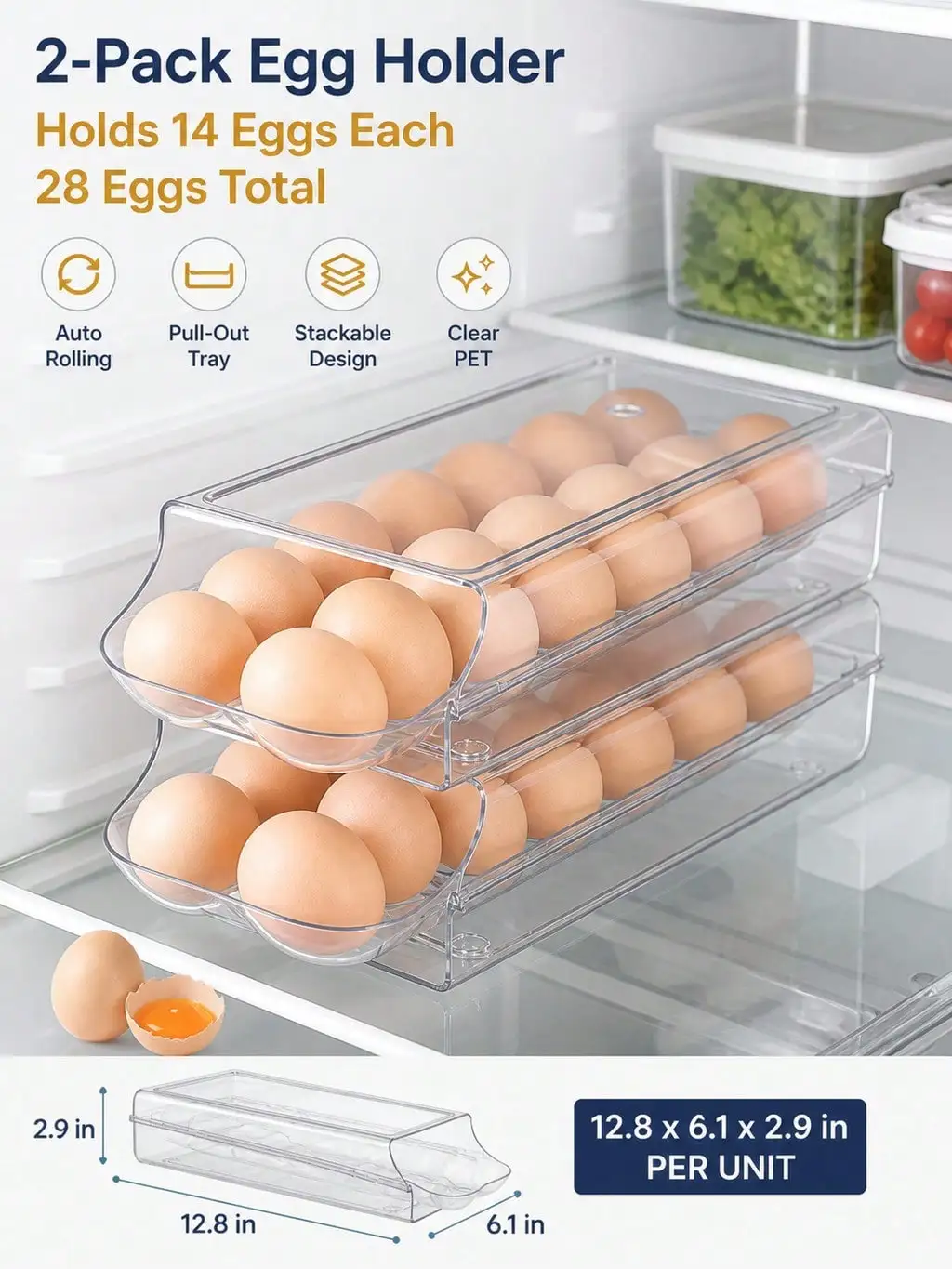 2-Pack Clear Automatic Rolling Egg Holder, Stackable Fridge Drawer Organizer, 28 Eggs Total, Two-Unit Refrigerator Set