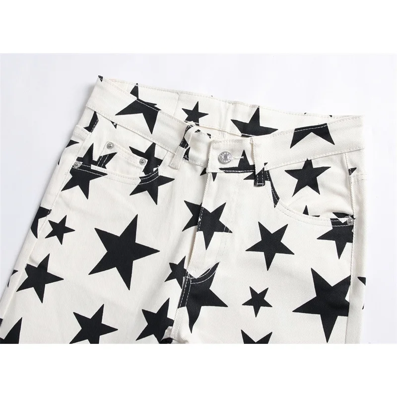 Five-Pointed Star Printed Jeans Men's Fashion High-End Men's Clothing Personality Slim Fit Stretch Skinny Casual White Trousers