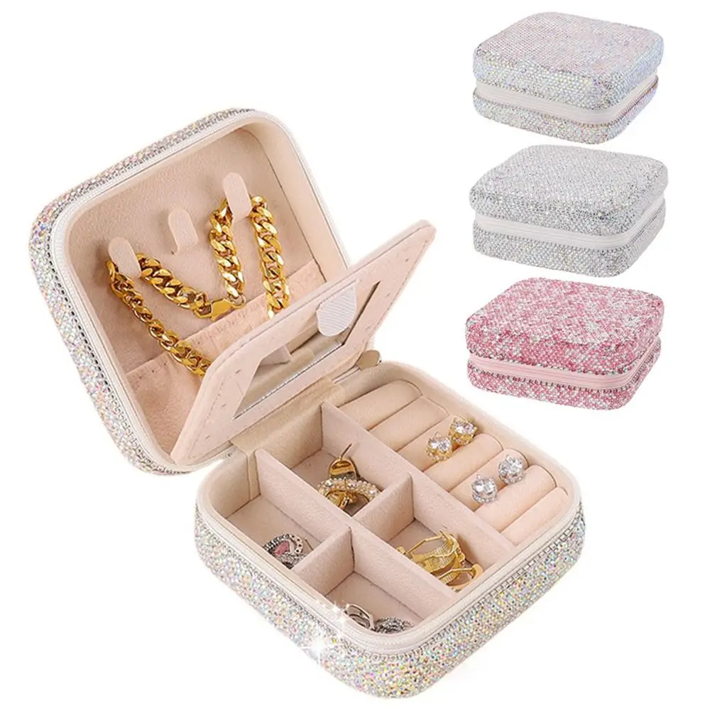 

Luxury Bling Rhinestone Jewelry Box Square With Mirror Travel Earrings Storage Case Double Layer Zipper Closure