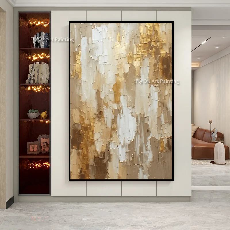 Hand Painted Palette Knife Gold Abstract Oil Painting, Thick Impasto Neutral Canvas Art, Luxury Vertical Entryway Wall Decor
