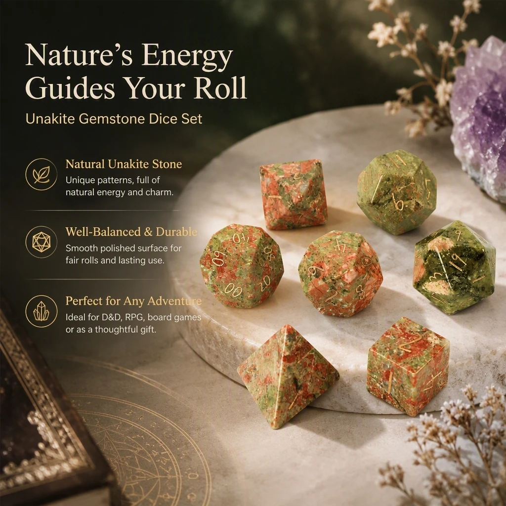Spot Goods Natural Unakite Polyhedral DND Stone Dice Ornaments Jewelry Accept Custom Font Symbol Pattern Logo