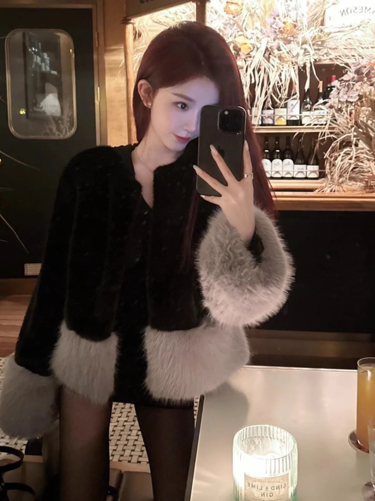 Ele Bla Pelzmantel Damenmode Koreanischer Stil Patchwork Langer Mantel Rundhals Reguläre Länge Knopfverschluss