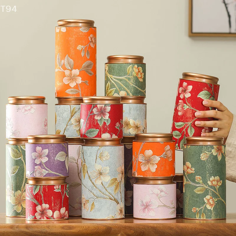Boîte à thé de Style chinois, pratique et exquise, imprimés de fleurs, boîte ronde de stockage de thé, boîte de rangement de collations, boîte scellée de cuisine