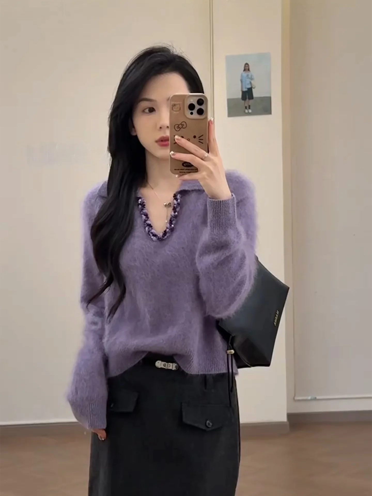 

Sweet Long Sve V-Ne вязаный свитер женский осенне-зимний свободный утягивающий трикотаж модный повседневный Sle полиэфирное волокно