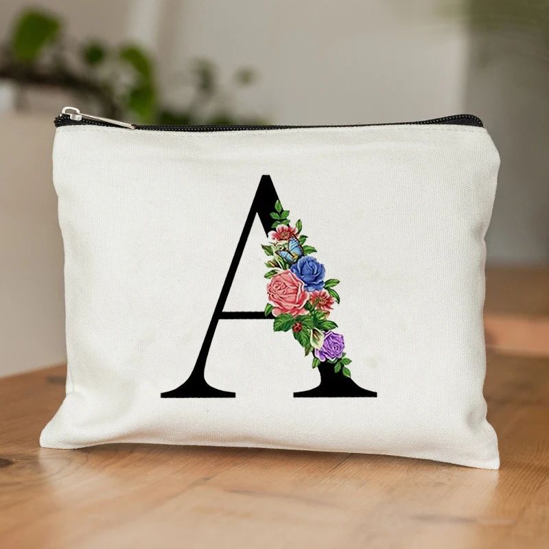 

Flowers Pattern Alphabet 26 Letters Makeup Bag Capacity Cosmetic Kit for Friends Teachers Bridesmaids Wedding Graduation Gifts